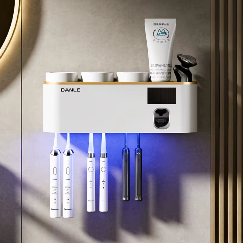 Multi-Functional Smart Toothbrush Holder Wall-Mounted Toothbrush Cup Holder Bathroom Shelf Toothpaste Dispenser