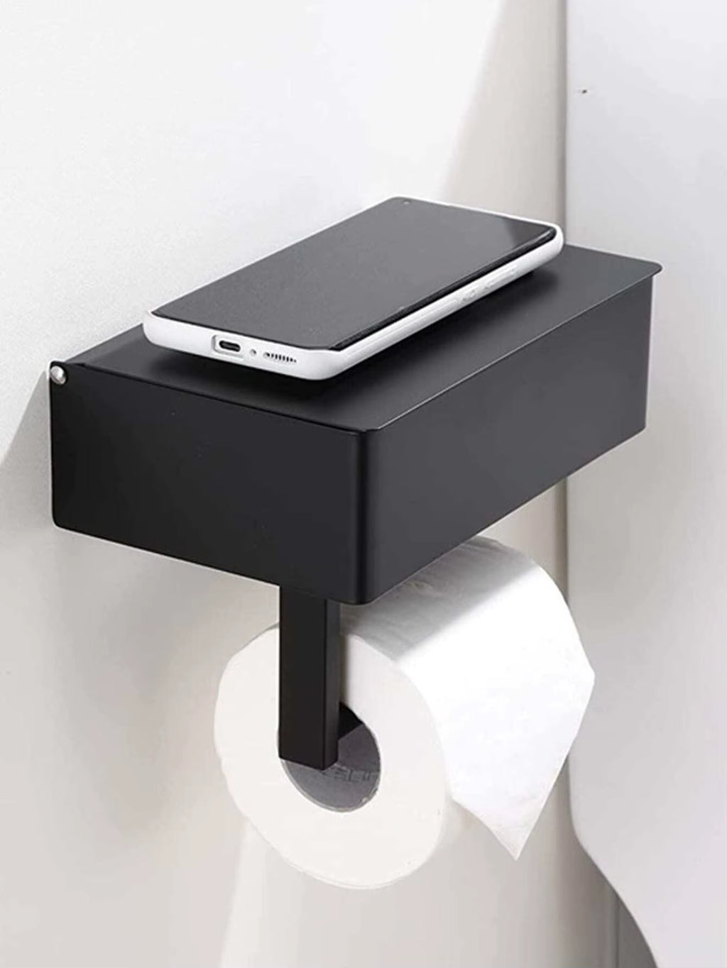 A Black Iron Wall-Mounted Toilet Paper and Wet Wipes Holder for the Bathroom, Complete with Storage Space