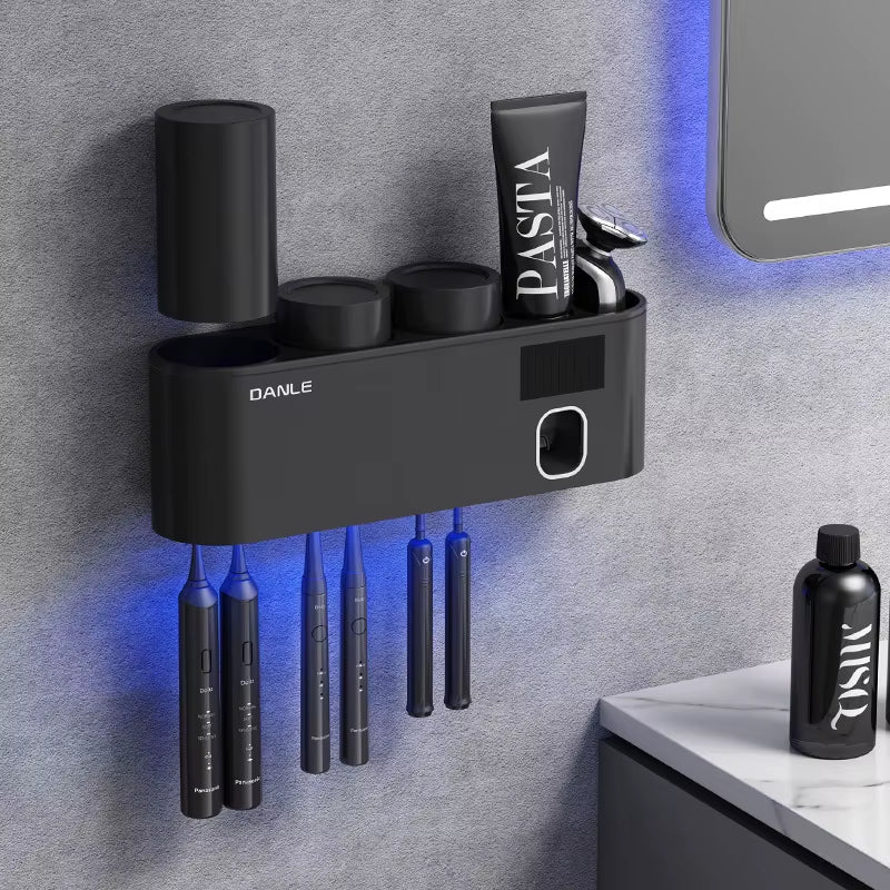Multi-Functional Smart Toothbrush Holder Wall-Mounted Toothbrush Cup Holder Bathroom Shelf Toothpaste Dispenser